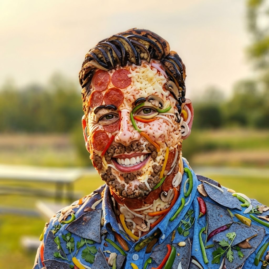 Nick, made out of pizza toppings